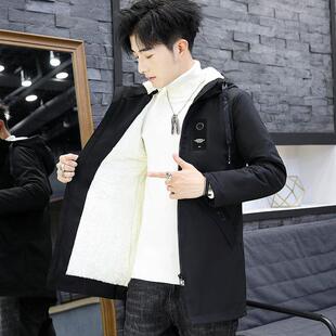 冬季风衣男中长款连帽棉服加绒加厚夹克男秋装外套韩版帅气潮棉衣