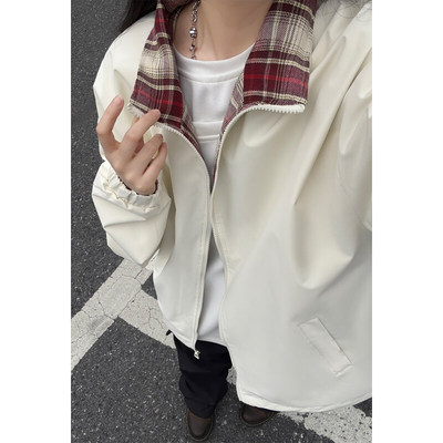 美式复古格子拼接夹克男款春秋季潮牌高级感情侣外套开衫棒球服男