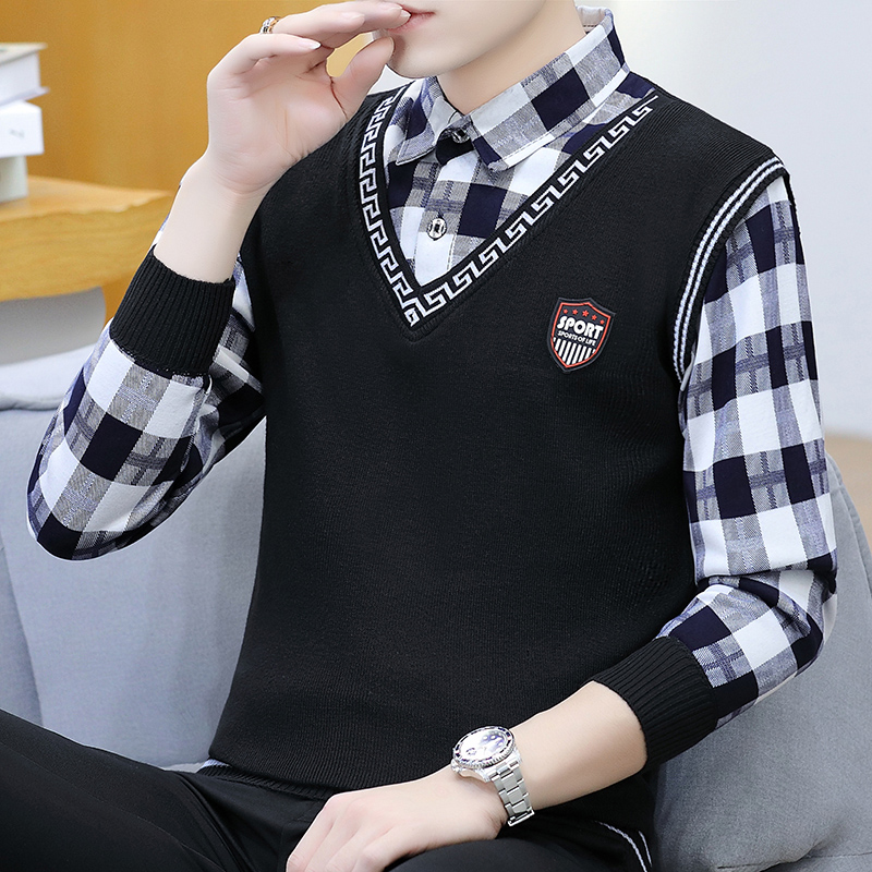 衬衣领毛衣男秋冬假两件带领加绒加厚款衬衫领针织打底衫男装冬季