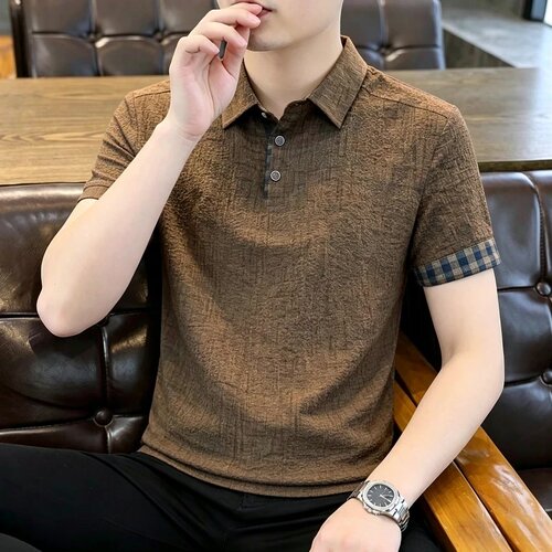 高级感男士短袖Polo衫翻领格纹拼接设计感商务休闲上衣夏季薄款潮
