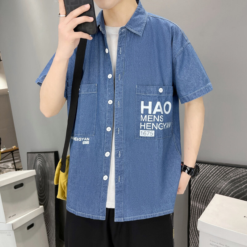 纯棉牛仔衬衫男士短袖夏季复古水洗蓝色半袖衬衣2025新款休闲外套