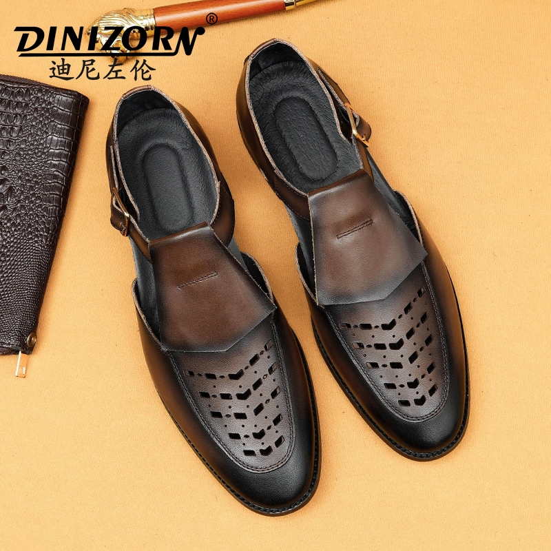 镂空皮鞋男2025新款真皮搭扣包头凉鞋英伦夏季透气商务休闲罗马鞋