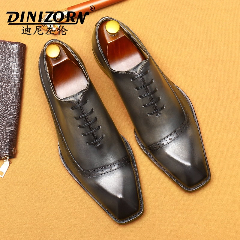 方头皮鞋男真皮2025新款商务正装英伦高级感擦色雕花布洛克牛津鞋