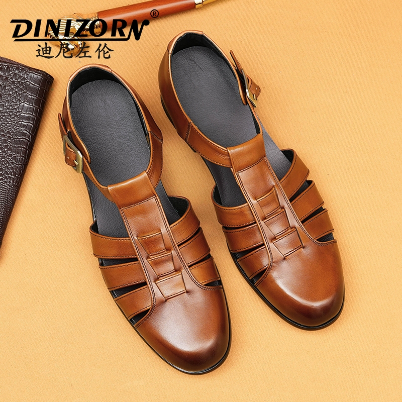 镂空皮鞋男真皮2025新款搭扣罗马鞋英伦夏季透气商务休闲包头凉鞋
