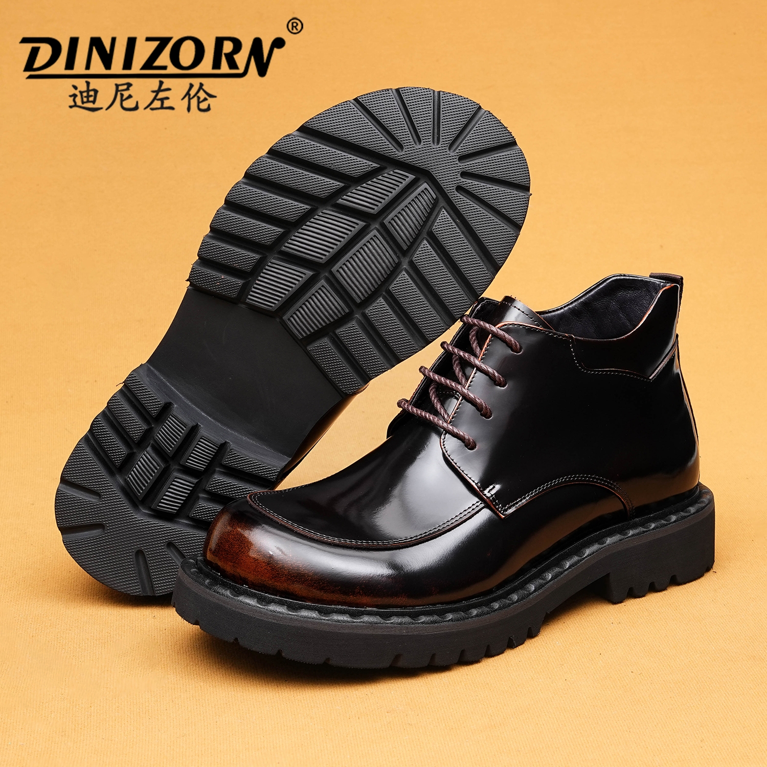 厚底马丁靴男款2025新款冬季男靴真皮亮面开边珠商务休闲英伦短靴