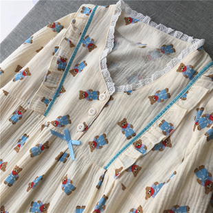 甜美宫廷风睡裙长袖可爱纯棉水洗棉纱连衣裙子缎带花边春夏秋新款