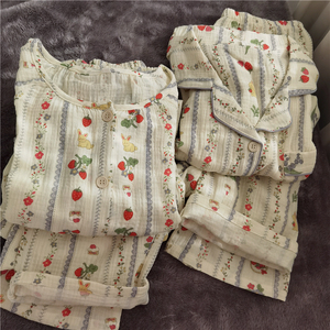 女纯棉双层纱布水洗棉纱蓝条兔子睡衣家居服长袖长裤翻领圆领开衫