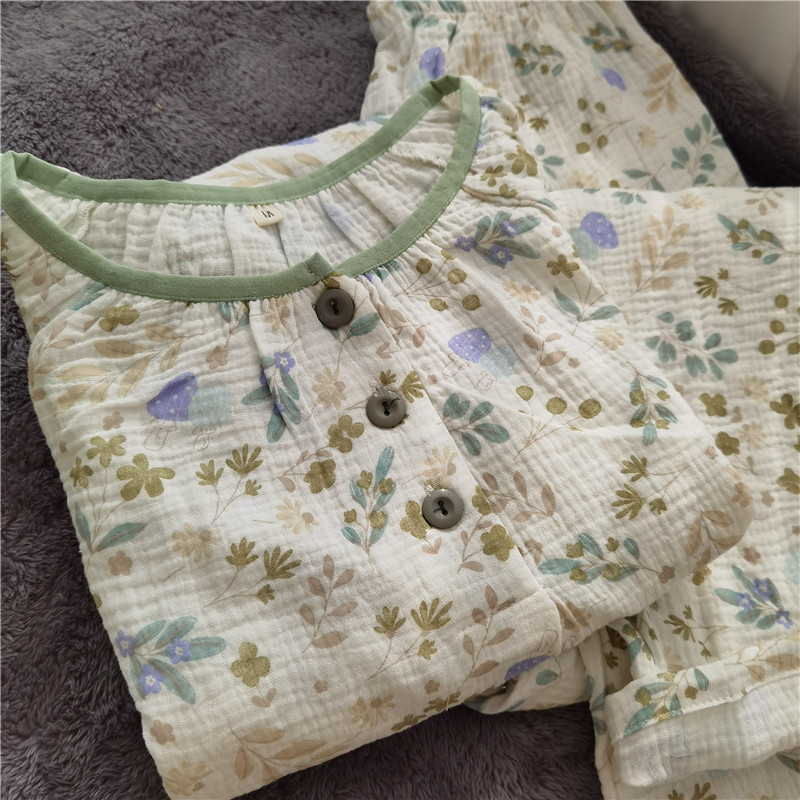 春夏秋薄款纯棉双层纱布绉布田园风家居服睡衣圆领套头长袖长裤菇