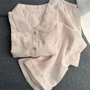 薄款春夏季女温柔粉色米菲兔子长袖长裤睡衣家居服套装翻领可爱