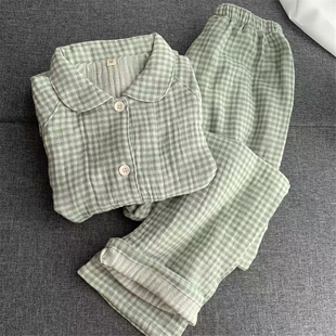 纯棉四层纱布睡衣家居服女士小翻领长袖长裤套装经典格子复古风