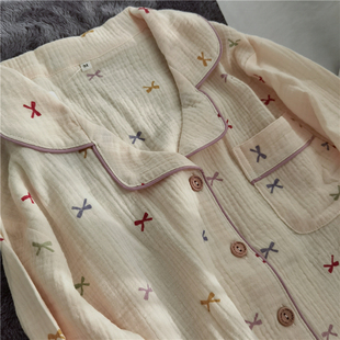 甜美蝴蝶结女生睡衣家居服纯棉双层纱布绉布长袖长裤春秋夏小清新