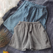 情侣男女短裤 纯棉水洗棉格子双层棉纱睡裤 家居服裤 日系新款 子夏季