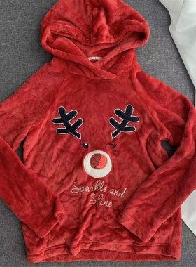 清个仓，断码出口单法兰绒连帽家居服上衣柔软舒服红色新年麋鹿