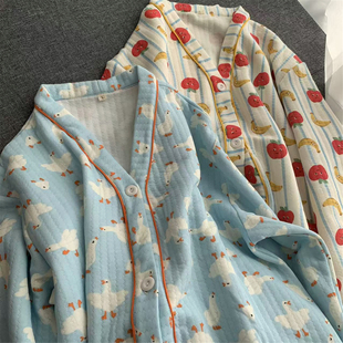 纯棉空气层睡袍子V领家居服睡裙秋冬保暖甜美亮色多巴胺大鹅