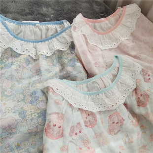 甜美软糯纯棉纱布睡裙家居服长袖裙子套头圆领花边唯美可爱女生