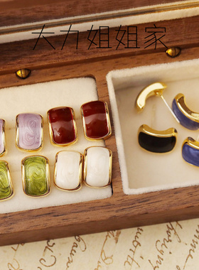 HYACINTH韩国时尚奶白色滴油耳钉夏季小清新油墨色c形耳环耳饰女