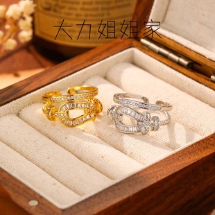 微镶满锆马蹄扣戒指高级感时尚 新款 百搭轻奢风开口戒宫廷复古精美