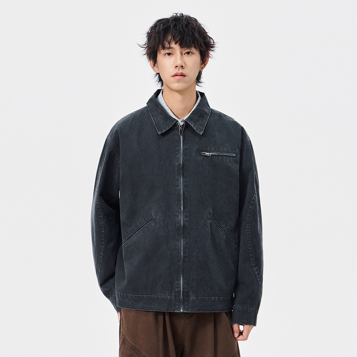 OCW潮牌 复古翻领纯棉水洗牛仔夹克男2026春秋新款宽松工装外套男