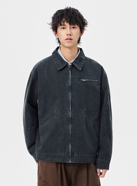 OCW潮牌 复古翻领纯棉水洗牛仔夹克男2026春秋新款宽松工装外套男