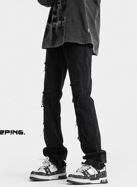 OCW潮牌 美式高街做旧牛仔裤男2026春季新款青少年学生破洞长裤子