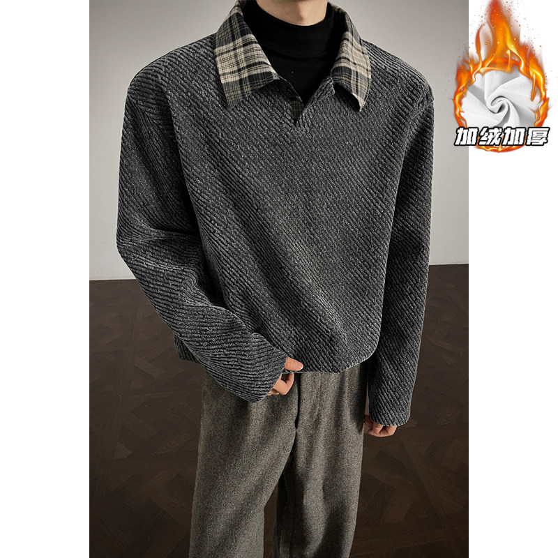 OCW潮牌 格子衬衫领拼接假两件卫衣男2025秋冬新款加绒加厚打底衫