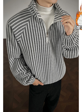 OCW潮牌鱼骨纹半拉链长袖T恤男2026秋冬新款宽松加绒加厚保暖上衣