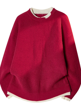 OCW潮牌 本命年红色圆领针织毛衣男2026秋冬青少年宽松情侣打底衫