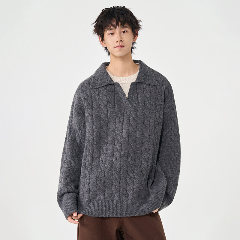 OCW潮牌 日系假两件翻领麻花毛衣男2026秋冬新款青少年针织衫上衣