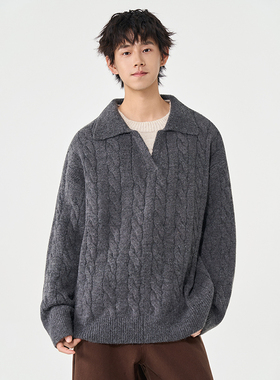 OCW潮牌 日系假两件翻领麻花毛衣男2026秋冬新款青少年针织衫上衣