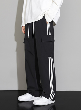 OCW潮牌  美式三条杠条纹休闲裤男青少年学生宽松垂感直筒工装裤