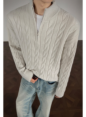 OCW潮牌 时尚百搭麻花纹半拉链毛衣男2026冬季新款青少年立领上衣