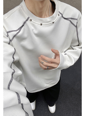 OCW潮牌 美式解构铆钉条纹圆领卫衣男2026春秋新款宽松设计感上衣