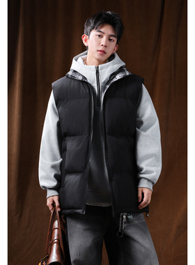 OCW潮牌 格子拼接立领棉马甲男2026冬季新款休闲宽松加厚保暖背心