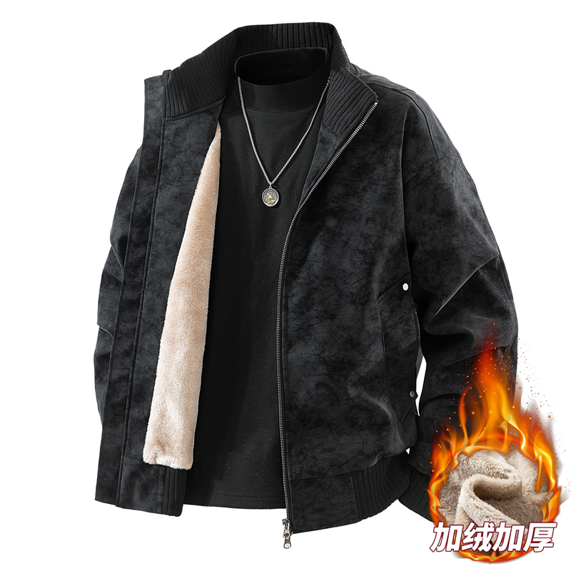 OCW潮牌 复古扎染立领加绒PU皮夹克男2025冬季新款加厚机车外套潮