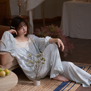 思莉太太莫代尔睡衣女款长袖春秋法式方领蓝色独特漂亮出门家居服