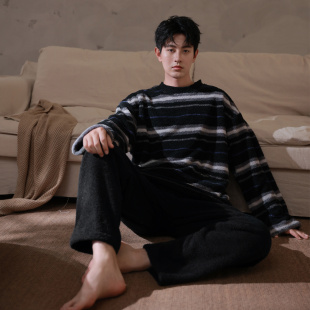 品牌冬季睡衣男款珊瑚绒加厚加绒可外穿条纹男士秋冬天套头家居服