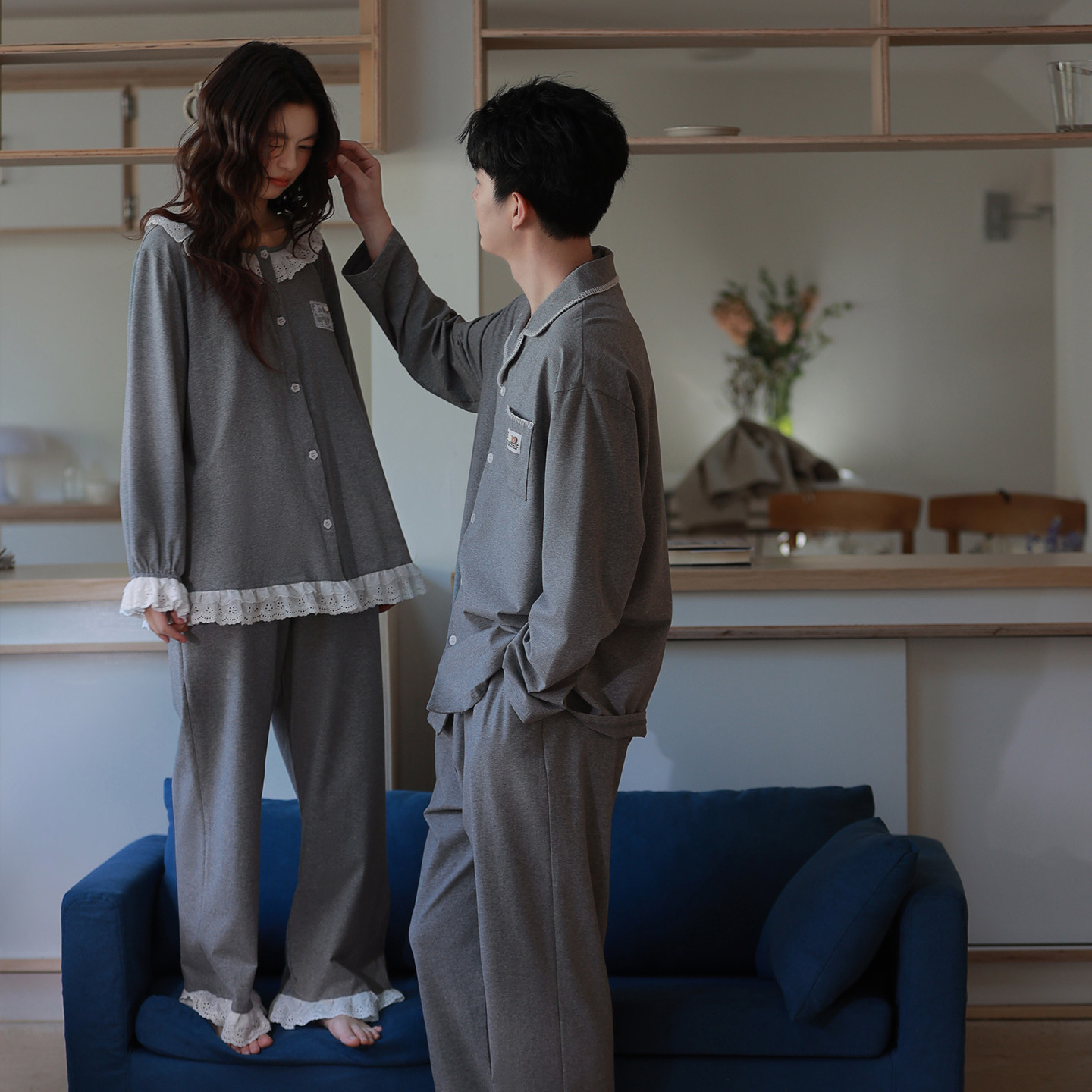 思莉太太纯棉睡衣女款情侣装花灰高级感韩版男士青年长袖家居服