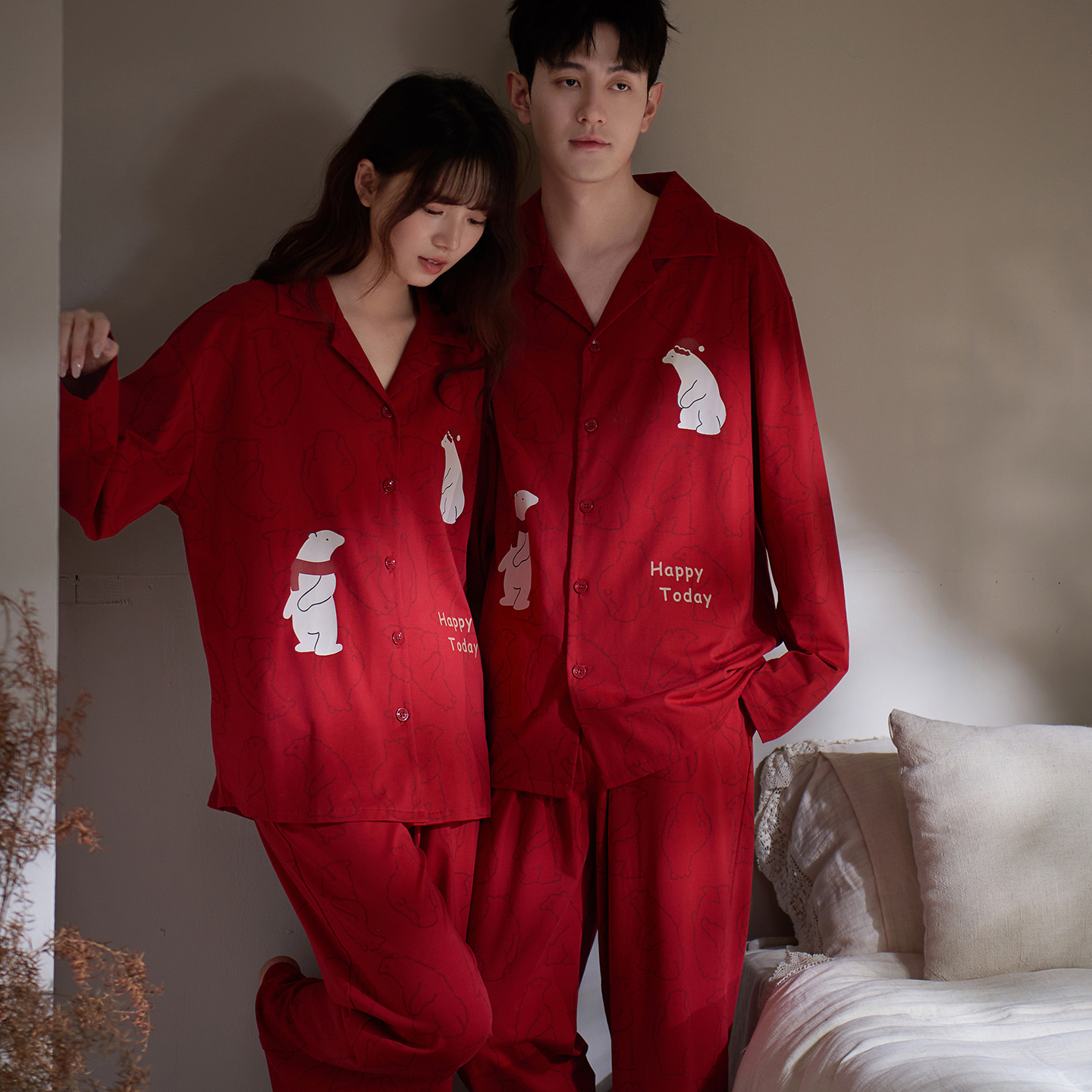 思莉太太红色结婚情侣北极熊睡衣