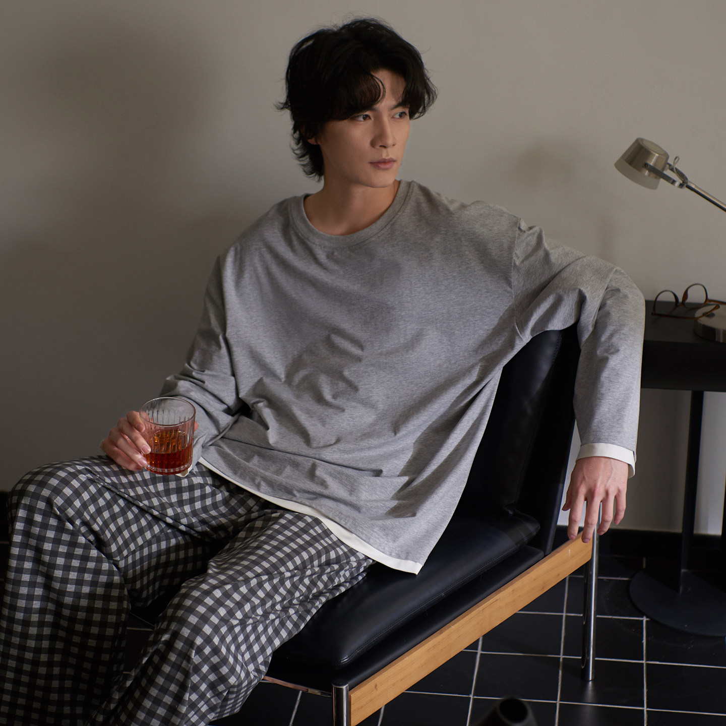 品牌花灰纯棉睡衣男款长袖可外穿格子长裤男士青少年可出门家居服