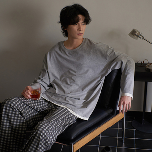 品牌花灰纯棉睡衣男款长袖可外穿格子长裤男士青少年可出门家居服