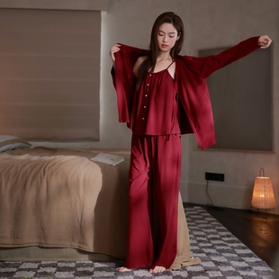 思莉太太红色三件套睡衣女春秋款 家居服 长袖 莫代尔棉新娘结婚四季