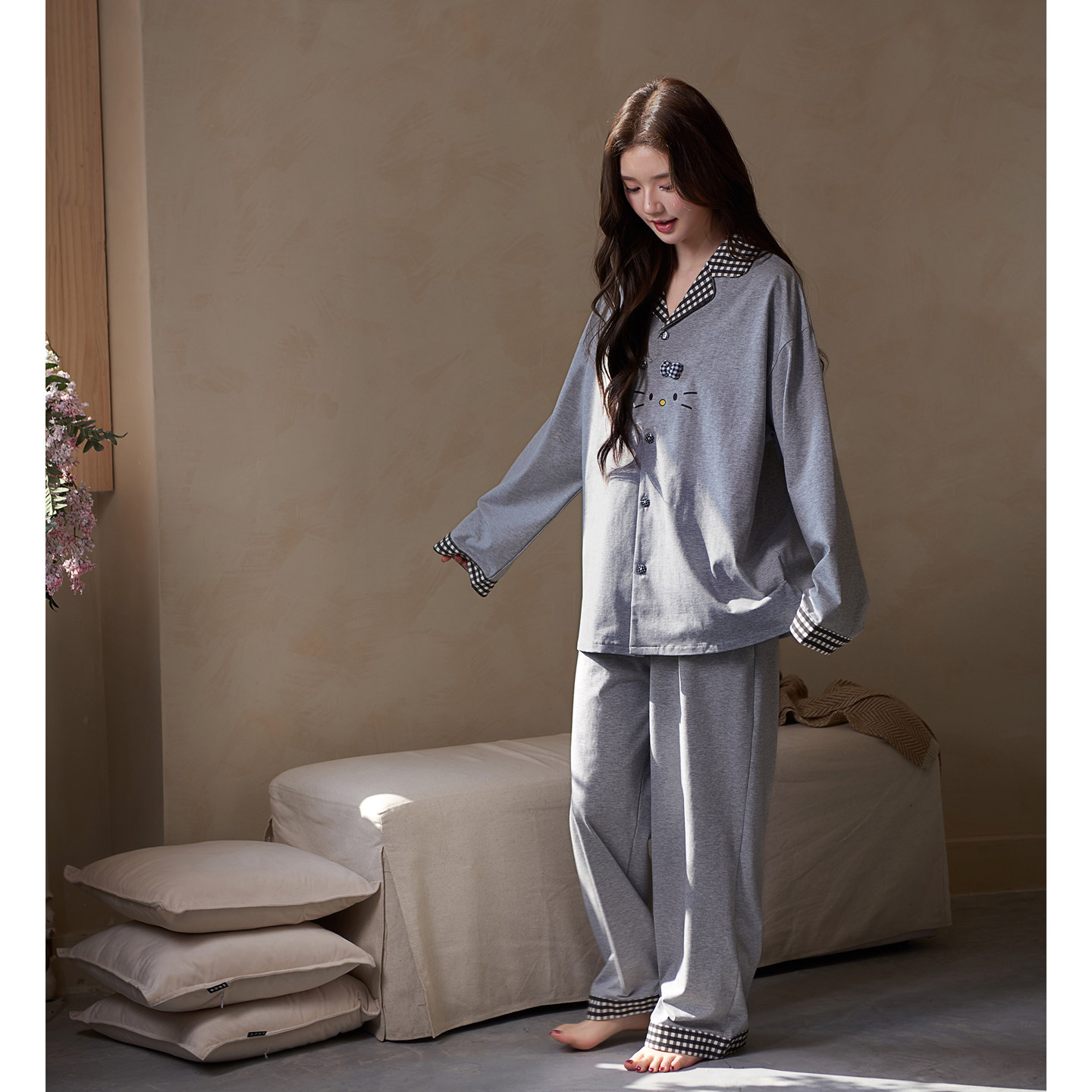 思莉太太花灰纯棉睡衣女款长袖2026新款今年流行猫咪春秋天家居服
