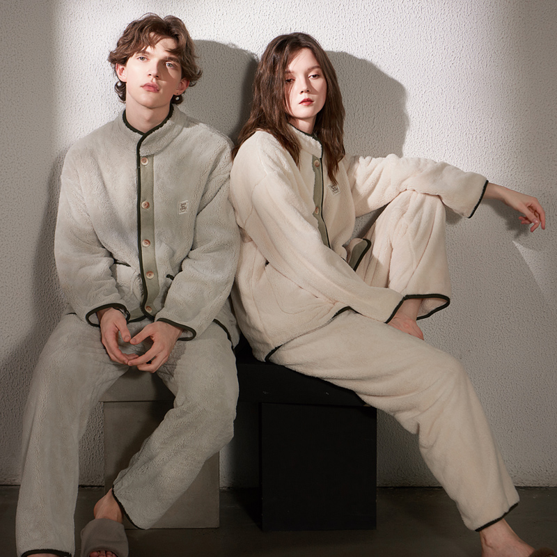 思莉太太情侣睡衣秋冬季女加厚加绒可外穿毛绒外套男士家居服套装