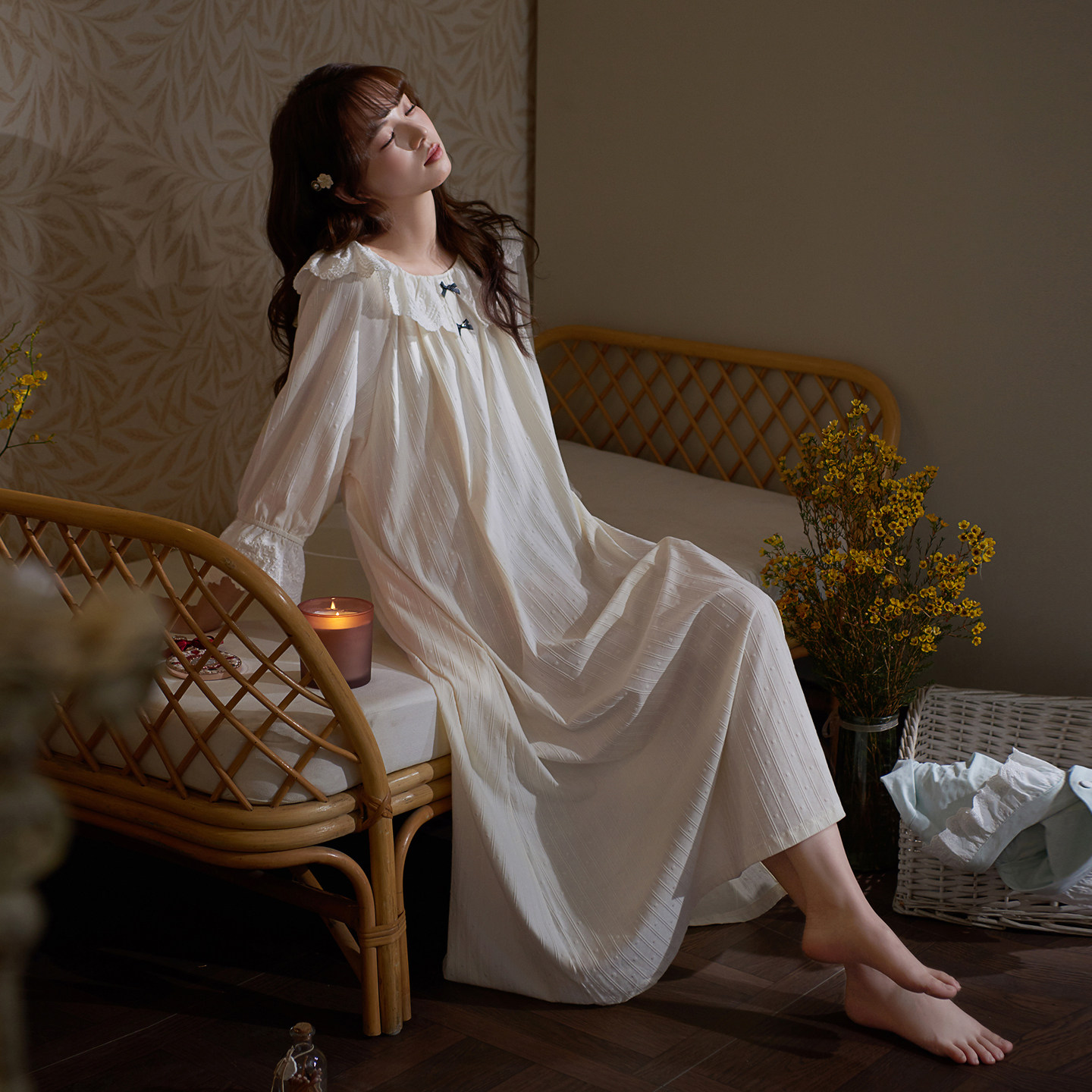 思莉太太纯棉睡裙女款春夏天超火绝美白色高级感御姐风长款睡衣裙