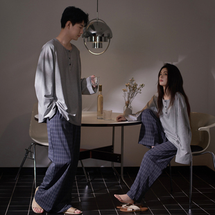 思莉太太情侣简单家居睡衣女款纯棉长袖可外穿出门花灰男士家居服