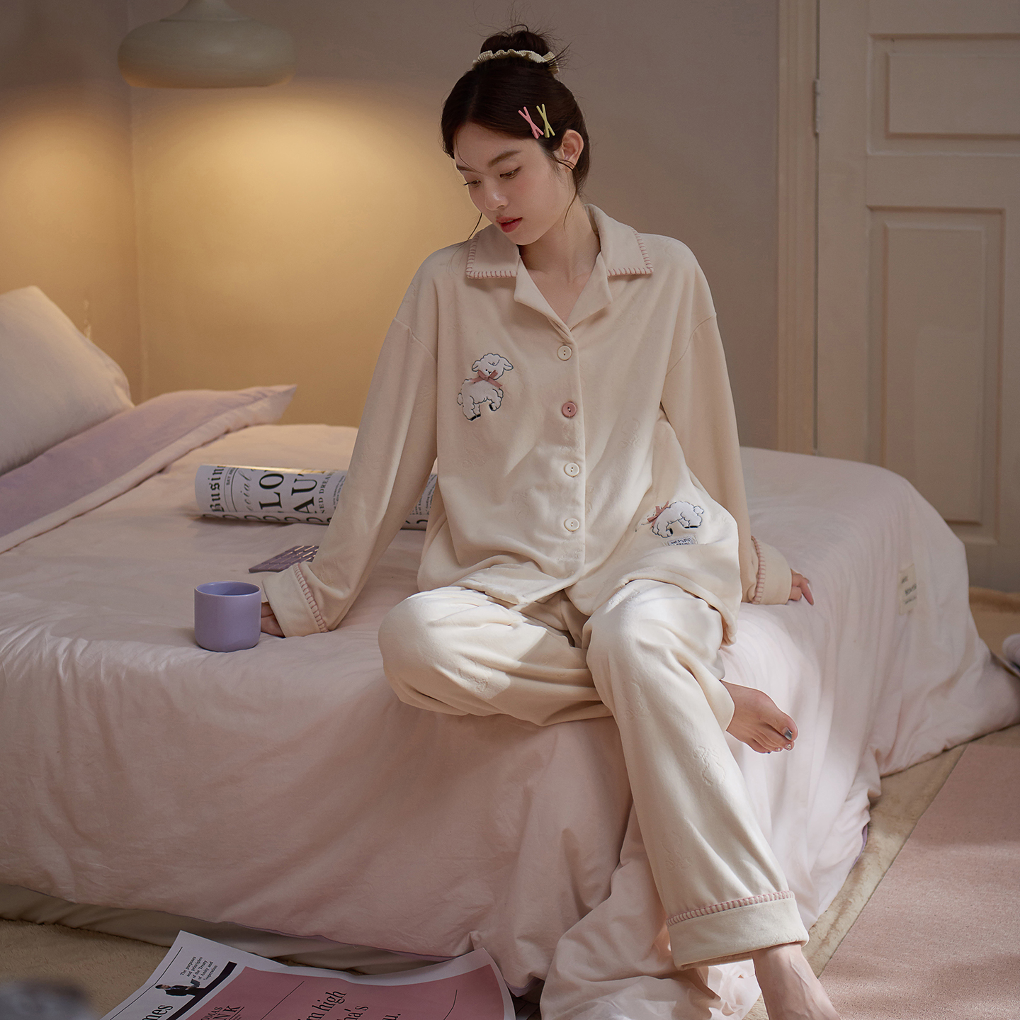 思莉太太海岛绒奶萌甜美绵羊睡衣