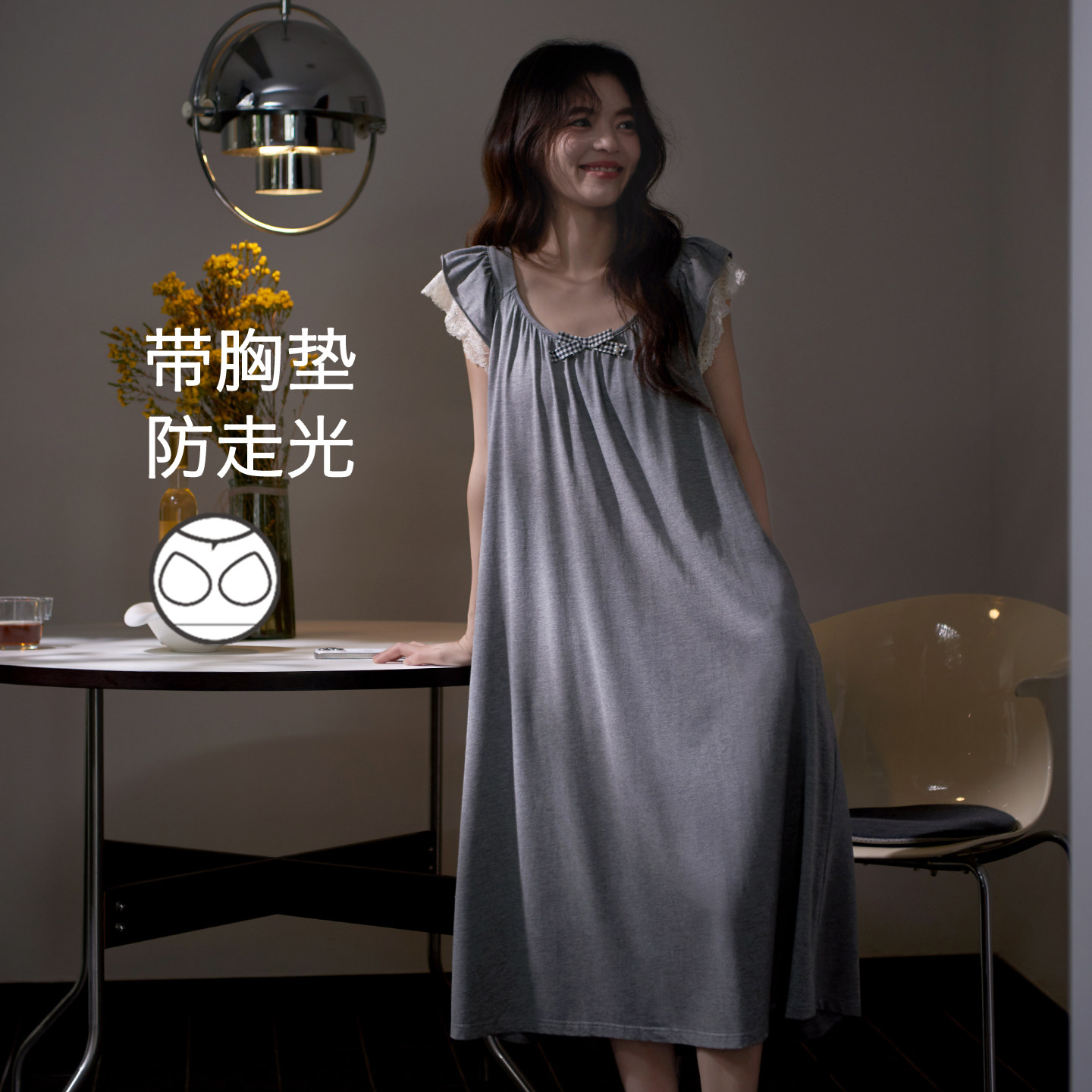 思莉太太凉感棉睡裙女款带胸垫性感蕾丝夏天短袖独特绝美睡衣裙子