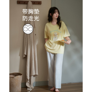 可爱夏天可外穿宽松家居服 思莉太太睡衣女夏季 短袖 长裤 带胸垫个性