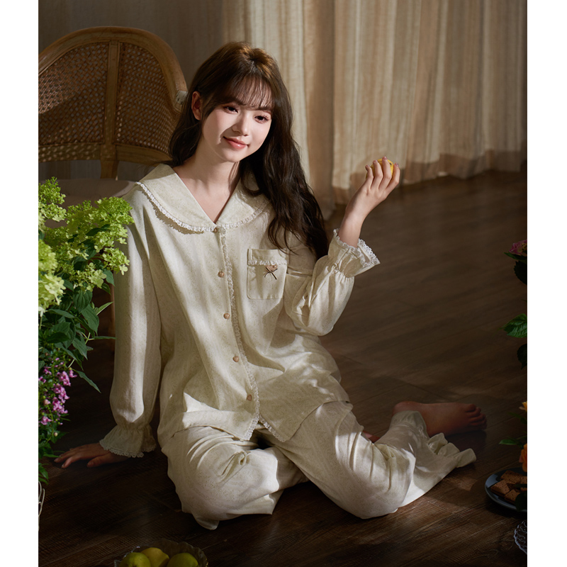 思莉太太睡衣女春秋款纯棉长袖公主领开衫日系田园风国风家居服