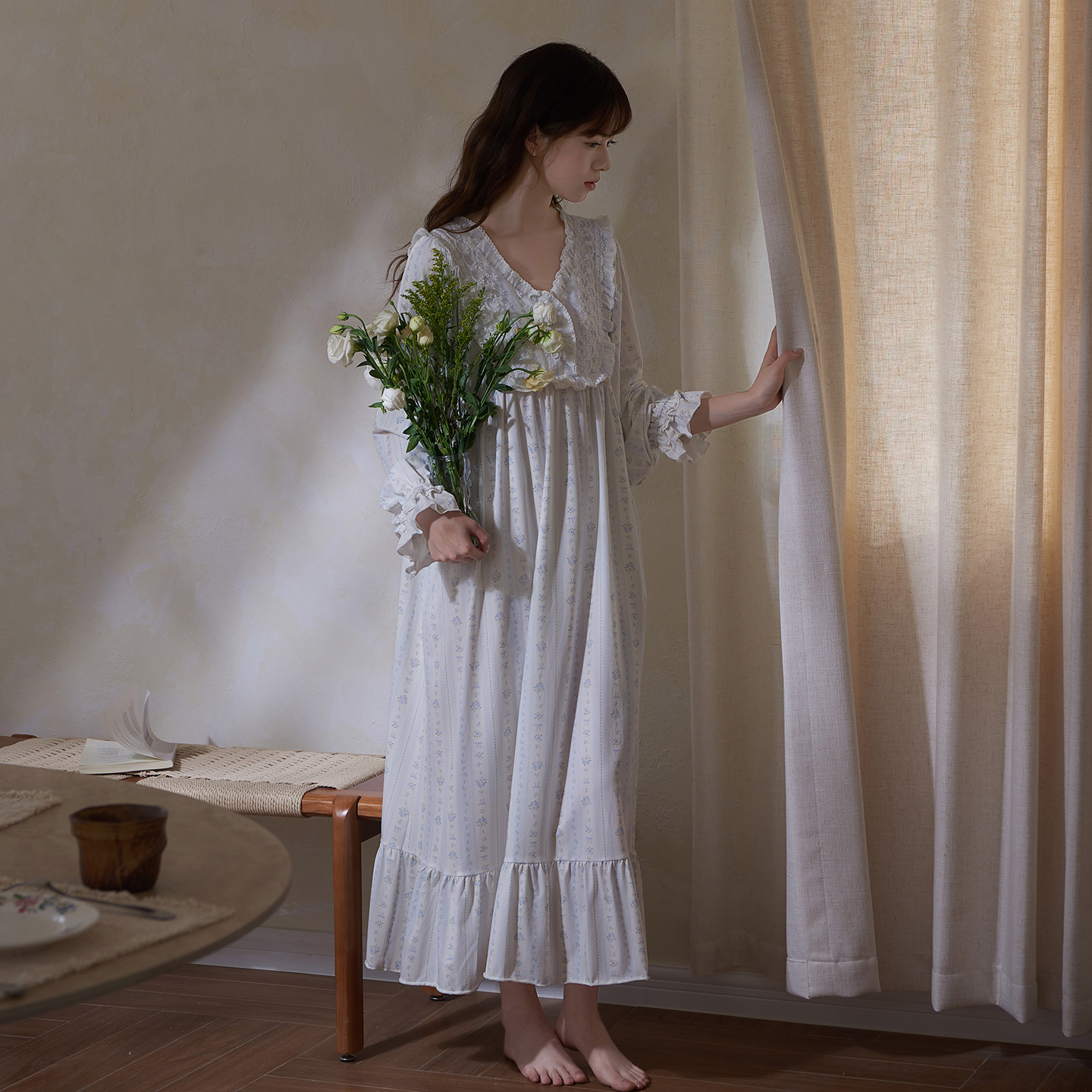 思莉太太莫代尔睡裙女款长袖独特绝美法式碎花蕾丝超长款睡衣裙子